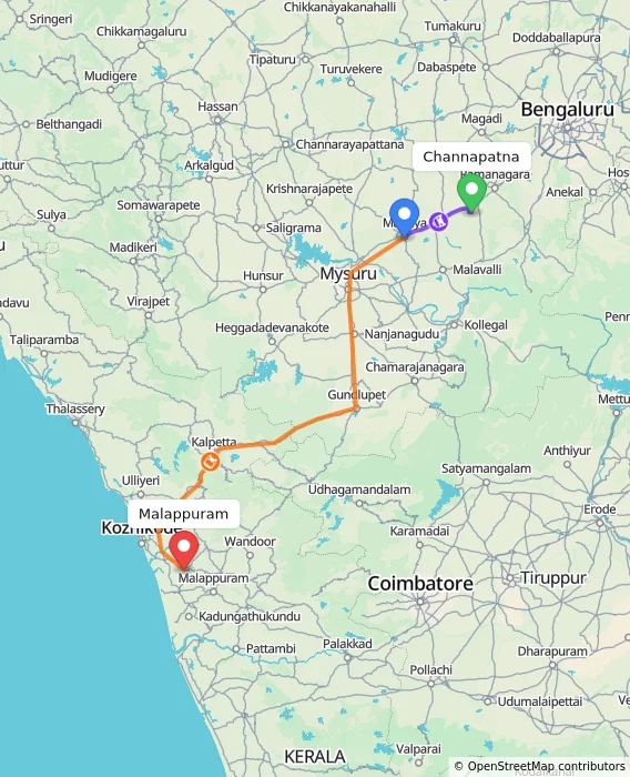 Route map showing distance and travel time from Channapatna, India to Malappuram, India