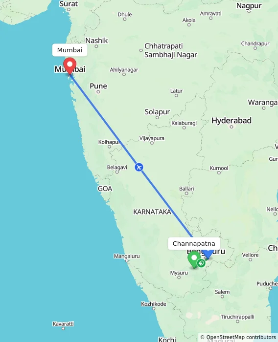 Route map showing distance and travel time from Channapatna, India to Mumbai, India