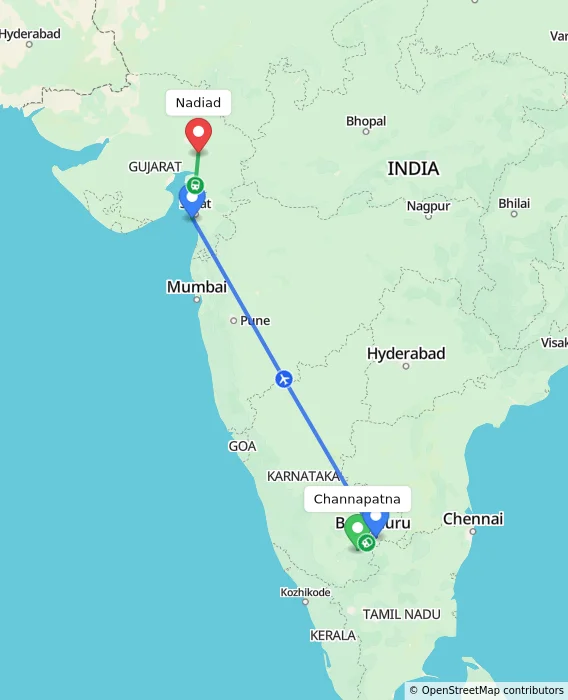 Route map showing distance and travel time from Channapatna, India to Nadiad, India