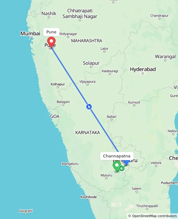 Route map showing distance and travel time from Channapatna, India to Pune, India