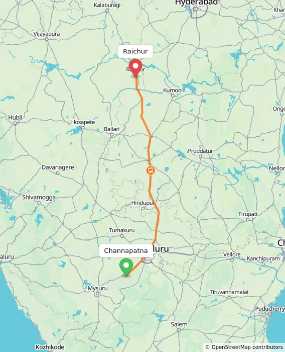Route map showing distance and travel time from Channapatna, India to Raichur, India