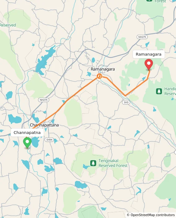 Route map showing distance and travel time from Channapatna, India to Ramanagara, India