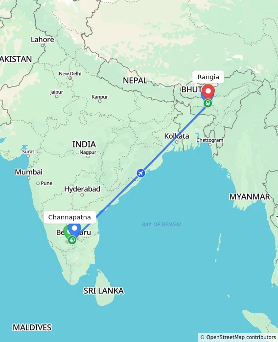 Route map showing distance and travel time from Channapatna, India to Rangia, India