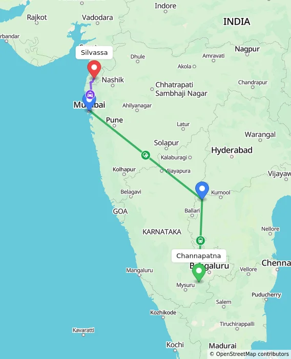 Route map showing distance and travel time from Channapatna, India to Silvassa, India