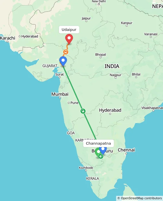 Route map showing distance and travel time from Channapatna, India to Udaipur, India
