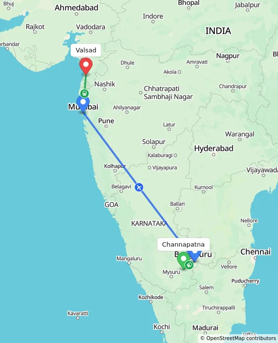 Route map showing distance and travel time from Channapatna, India to Valsad, India