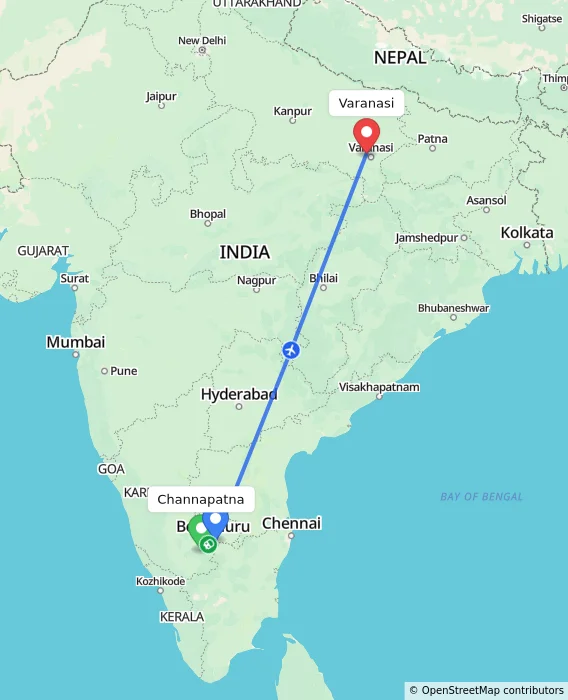 Route map showing distance and travel time from Channapatna, India to Varanasi, India