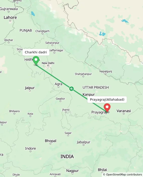 Route map showing distance and travel time from Charkhi dadri, India to Prayagraj(Allahabad), India