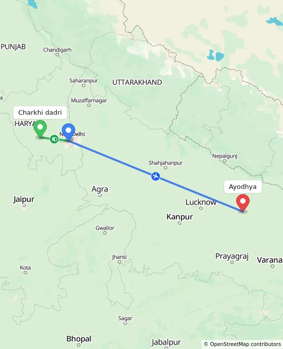 Route map showing distance and travel time from Charkhi dadri, India to Ayodhya, India