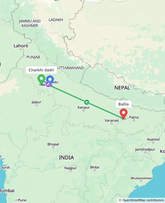Route map showing distance and travel time from Charkhi dadri, India to Ballia, India