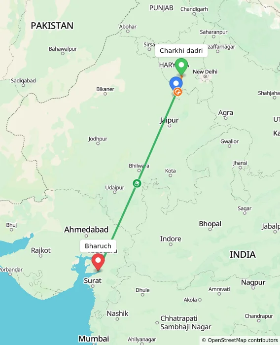 Route map showing distance and travel time from Charkhi dadri, India to Bharuch, India