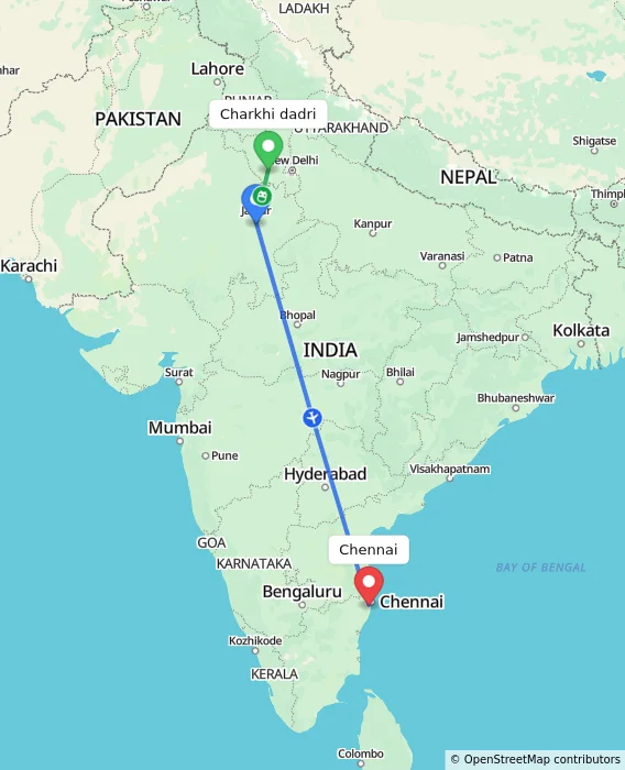 Route map showing distance and travel time from Charkhi dadri, India to Chennai, India