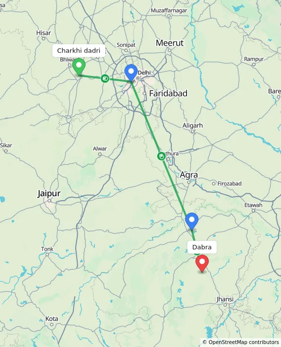 Route map showing distance and travel time from Charkhi dadri, India to Dabra, India