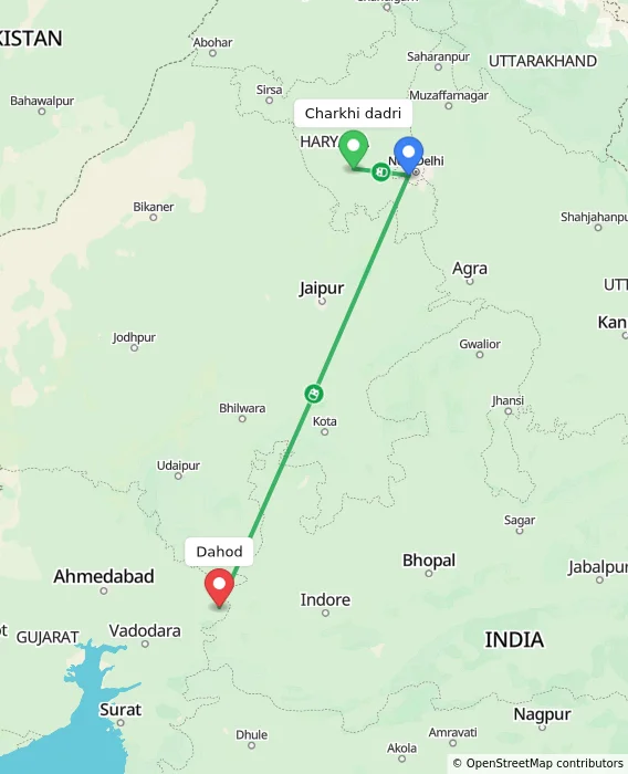 Route map showing distance and travel time from Charkhi dadri, India to Dahod, India