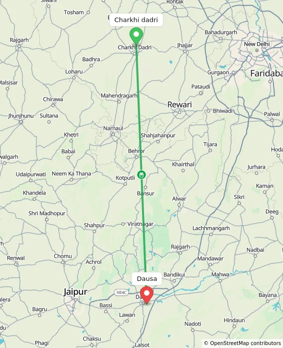 Route map showing distance and travel time from Charkhi dadri, India to Dausa, India