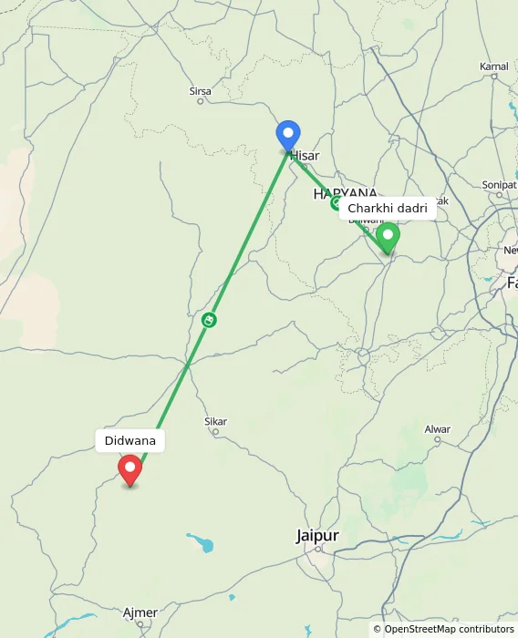 Route map showing distance and travel time from Charkhi dadri, India to Didwana, India
