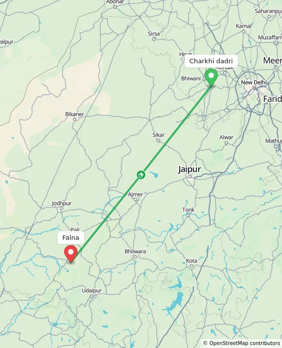 Route map showing distance and travel time from Charkhi dadri, India to Falna, India