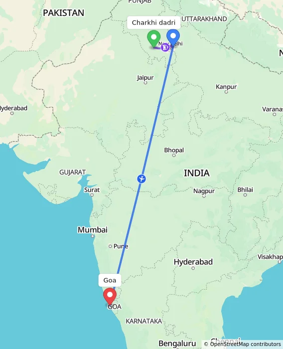 Route map showing distance and travel time from Charkhi dadri, India to Goa, India
