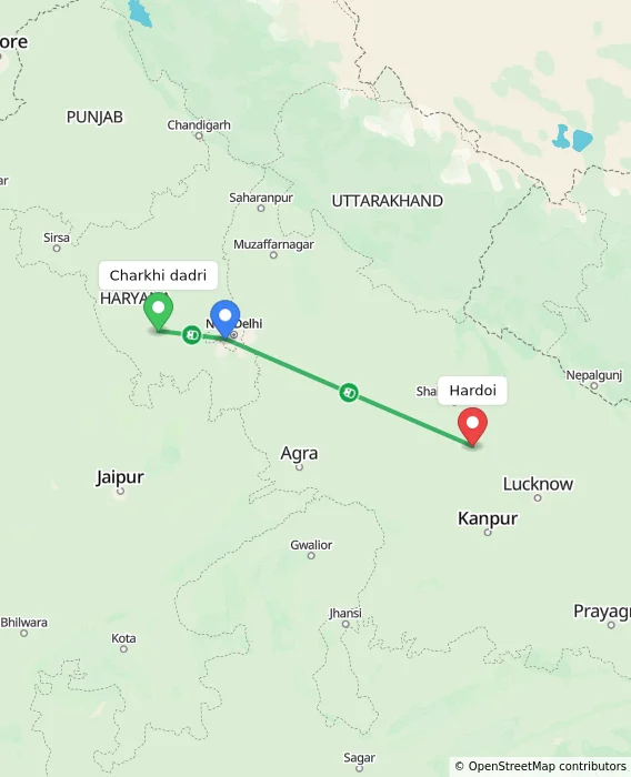 Route map showing distance and travel time from Charkhi dadri, India to Hardoi, India