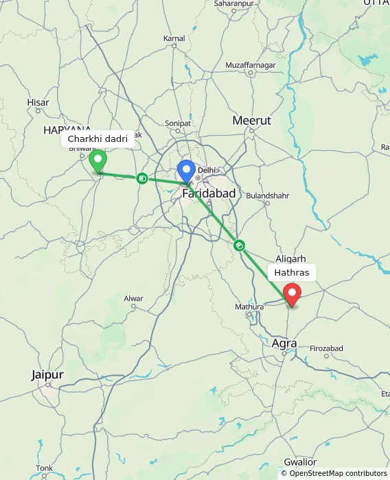 Route map showing distance and travel time from Charkhi dadri, India to Hathras, India