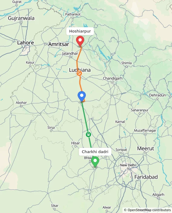Route map showing distance and travel time from Charkhi dadri, India to Hoshiarpur, India