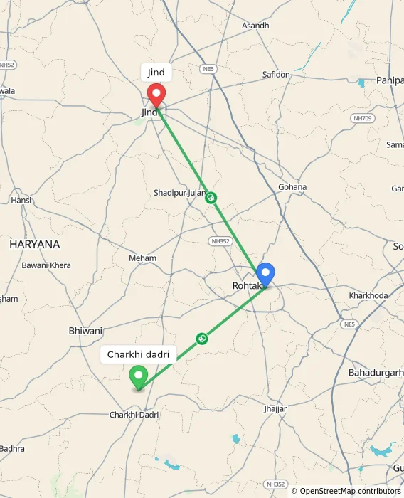 Route map showing distance and travel time from Charkhi dadri, India to Jind, India