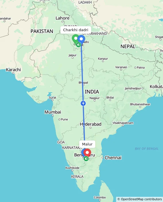 Route map showing distance and travel time from Charkhi dadri, India to Malur, India