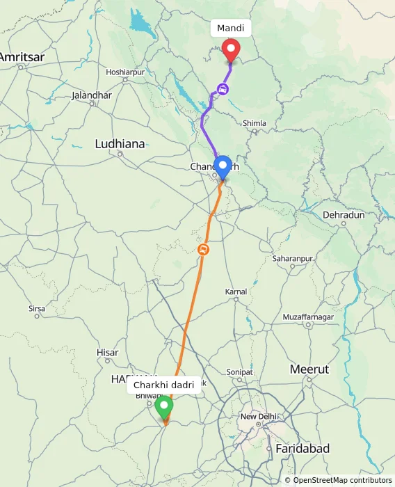 Route map showing distance and travel time from Charkhi dadri, India to Mandi, India
