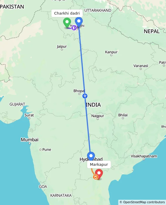 Route map showing distance and travel time from Charkhi dadri, India to Markapur, India