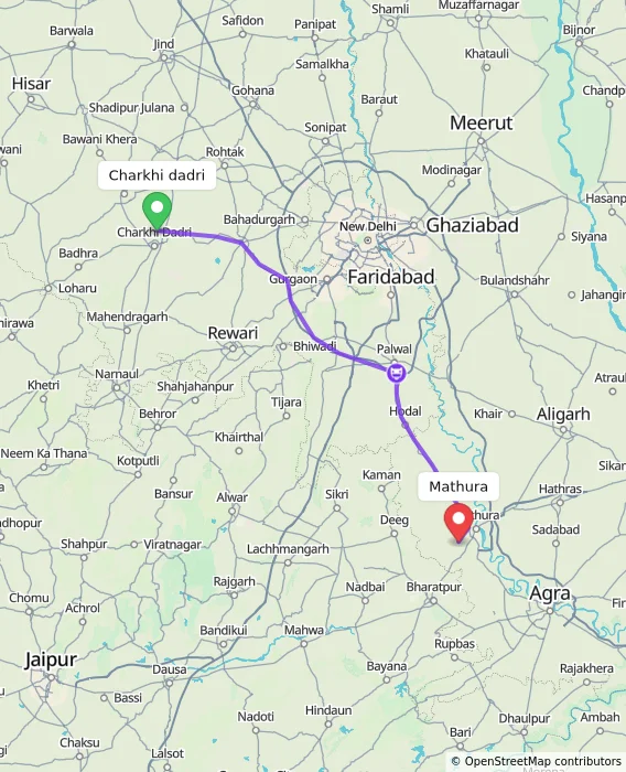 Route map showing distance and travel time from Charkhi dadri, India to Mathura, India
