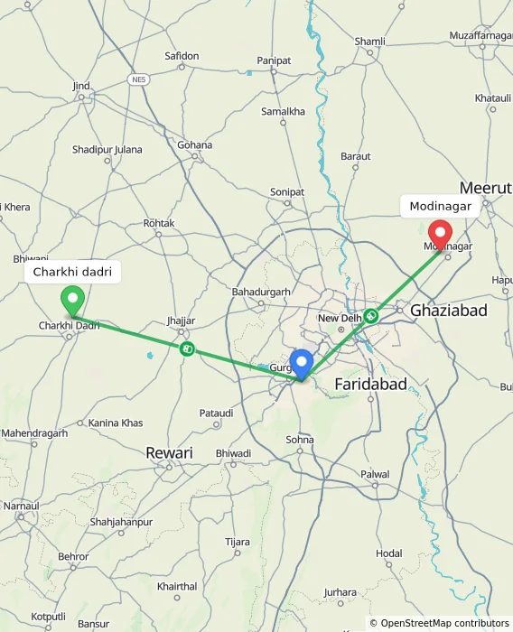 Route map showing distance and travel time from Charkhi dadri, India to Modinagar, India