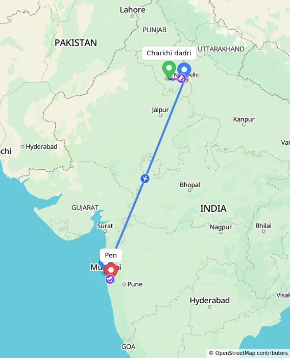 Route map showing distance and travel time from Charkhi dadri, India to Pen, India