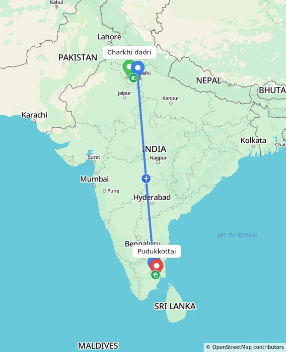 Route map showing distance and travel time from Charkhi dadri, India to Pudukkottai, India