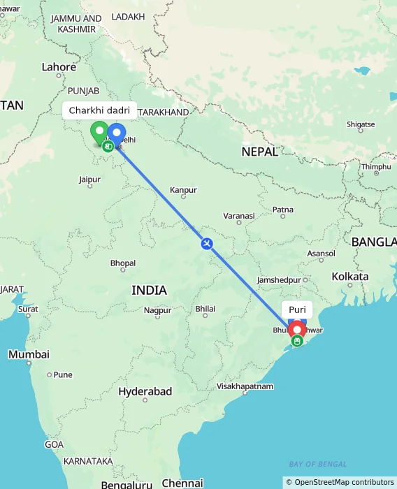 Route map showing distance and travel time from Charkhi dadri, India to Puri, India