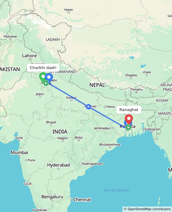 Route map showing distance and travel time from Charkhi dadri, India to Ranaghat, India