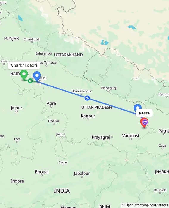 Route map showing distance and travel time from Charkhi dadri, India to Rasra, India