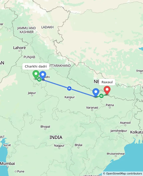 Route map showing distance and travel time from Charkhi dadri, India to Raxaul, India