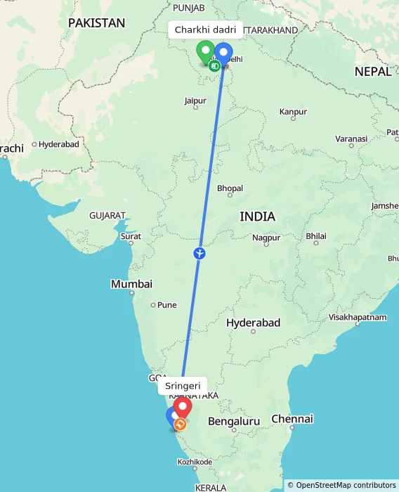 Route map showing distance and travel time from Charkhi dadri, India to Sringeri, India