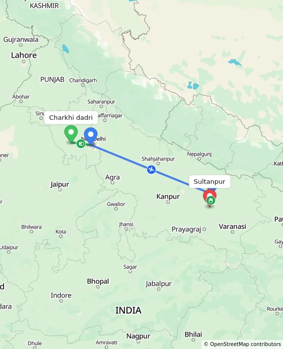 Route map showing distance and travel time from Charkhi dadri, India to Sultanpur, India