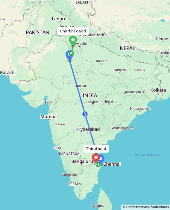 Route map showing distance and travel time from Charkhi dadri, India to Thiruthani, India