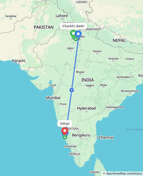 Route map showing distance and travel time from Charkhi dadri, India to Udupi, India