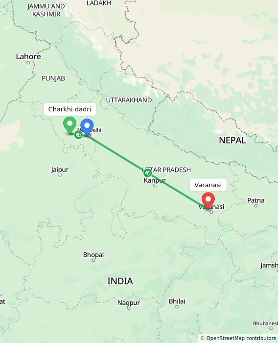 Route map showing distance and travel time from Charkhi dadri, India to Varanasi, India