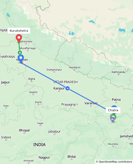 Route map showing distance and travel time from Chatra, India to Kurukshetra, India