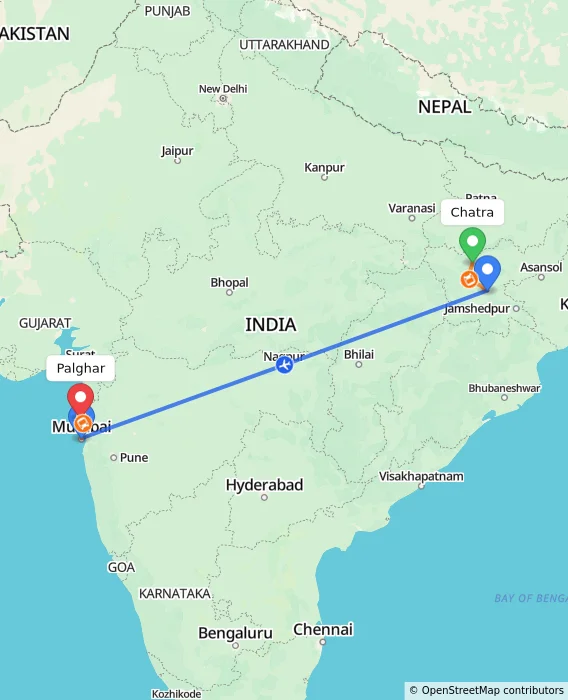 Route map showing distance and travel time from Chatra, India to Palghar, India