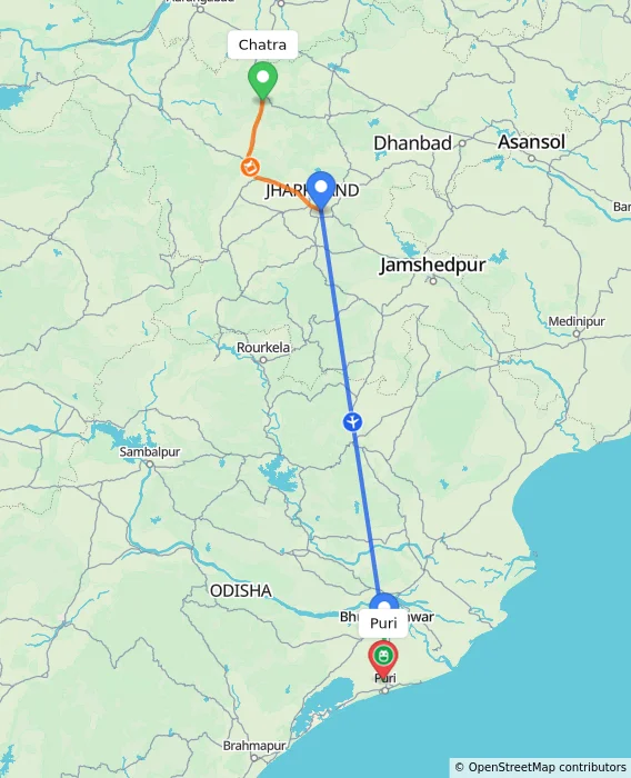 Route map showing distance and travel time from Chatra, India to Puri, India