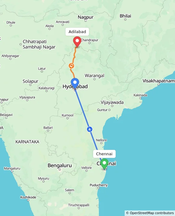 Route map showing distance and travel time from Chennai, India to Adilabad, India