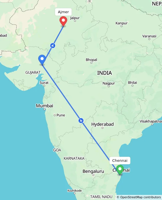 Route map showing distance and travel time from Chennai, India to Ajmer, India