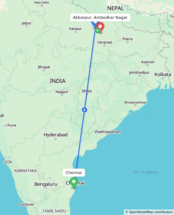 Route map showing distance and travel time from Chennai, India to Akbarpur, Ambedkar Nagar, India