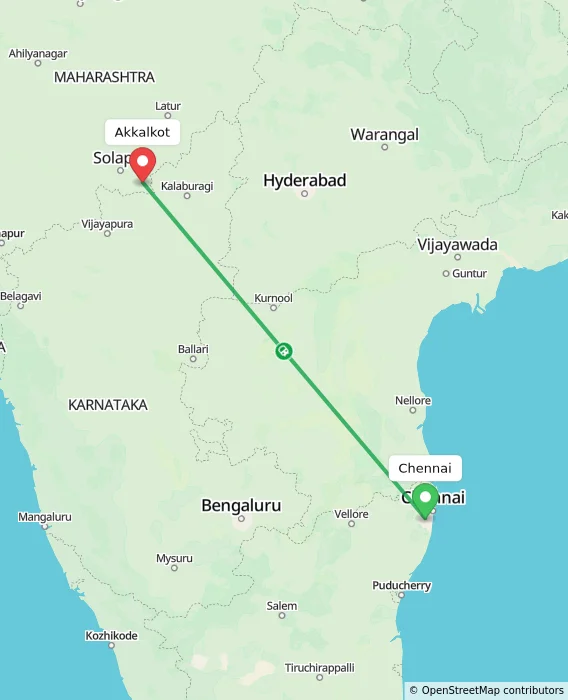 Route map showing distance and travel time from Chennai, India to Akkalkot, India