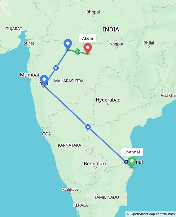 Route map showing distance and travel time from Chennai, India to Akola, India